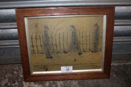 A FRAMED AND GLAZED CIRCLE OF LAURENCE STEPHEN LOWRY (1887-1976) SKETCH STREET SCENE WITH 3