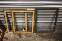 A PAIR OF VINTAGE PICTURE FRAMES REBATE 35.5CM X 45.5CM TOGETHER WITH A GREEN PAINTED EXAMPLE REBATE
