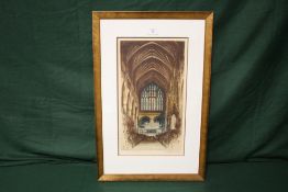 A FRAMED AND GLAZED COLOURED ETCHING OF EXETER CATHEDRAL BY EDWARD SHARLAND SIGNED IN PENCIL LOWER