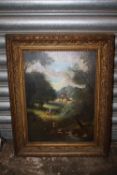 AN ANTIQUE GILT FRAMED OIL ON CANVAS DEPICTING A WOODED RIVER LANDSCAPE WITH FIGURES - SIZE 40.5CM X