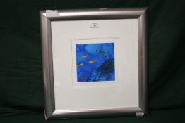 A FRAMED AND GLAZED ABSTRACT MIXED MEDIA PAINTING BY TOM BUSHNELL, 17 X 17 CM