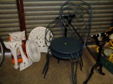 TWO GREEN METAL GARDEN CHAIRS TOGETHER WITH TWO UNASSEMBLED WHITE METAL GARDEN CHAIRS PLUS A