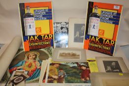 A COLLECTION OF EPHEMERA ETC TO INCLUDE BLACK AND WHITE PHOTOGRAPHS, CARDBOARD JAK TAR ADVERTISING