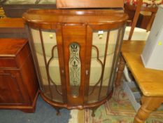 A VINTAGE WALNUT DEMI-LUNE CHINA DISPLAY CABINET W-98 CM