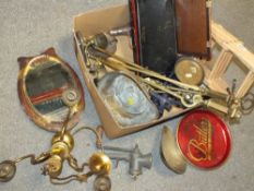 A BOX OF ASSORTED METALWARE TO INCLUDE BRASS FIRE IRONS, SCALES ETC.