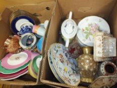 TWO TRAYS OF ASSORTED CERAMICS TO INCLUDE HARLEQUIN CUPS AND SAUCERS ETC.