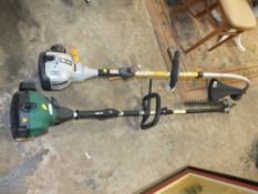 A SELECTION OF ELECTRICAL AND PETROL GARDEN AND HANDTOOLS TO INCLUDE A RYOBI STRIMMER, HUSQVARNA 136