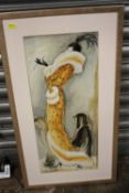 A MODERN FRAMED AND GLAZED KAREN DUPRE PRINT OF AN ART DECO STYLE LADY WITH TWO DOGS - SIZE INCLUDIN