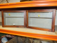 A PAIR OF GLAZED PINE DISPLAY SHELVES, OVERALL HEIGHT 36 CM, WIDTH 54 CM, DEPTH 17 CM