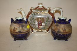 A PAIR OF NORITAKE TWIN HANDLED HAND PAINTED VASES TOGETHER WITH AN ANTIQUE TEA POT
