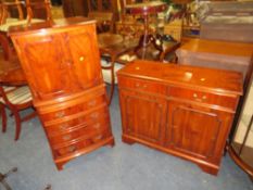 A MODERN YEW WOOD SMALL DRINKS CABINET ON CHEST H-131 W-61 CM WITH A MATCHING CABINET (2)