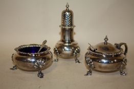 A LARGE HALLMARKED SILVER THREE PIECE CRUET SET WITH BLUE GLASS LINERS, STAMPED HARRODS LONDON,