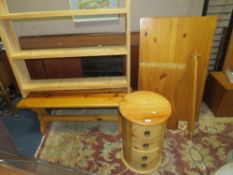 A MODERN CIRCULAR PINE CHEST OF DRAWERS H-60 CM WITH A PINE TRESTLE KITCHEN TABLE, BENCH AND