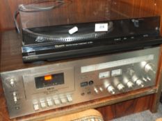 A TECHNICS SL-QD33 TURNTABLE TOGETHER WITH AN AKAI STEREO CASSETTE RECEIVER SYSTEM