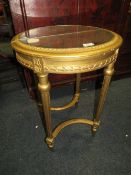 A LOUIS XV STYLE GILT CIRCULAR TABLE WITH TWO PIECE MIRROR TOP H-73 DIA-53 CM