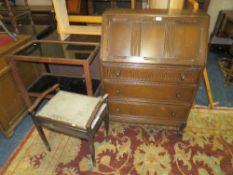AN OAK BUREAU W-76 CM WITH A PIANO STOOL AND TROLLEY