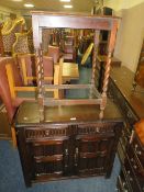 A SMALL OAK DRESSER W-90 CM WITH A LARGER SIMILAR SIDEBOARD AND AN OAK BARLEY TWIST OCCASIONAL TABLE
