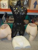 A BOX OF CLOTHING DISPLAY PART MANNEQUIN SHOP DISPLAY ITEMS