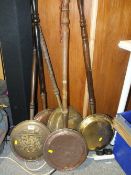 FIVE COPPER AND BRASS WARMING PANS