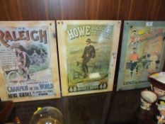 THREE MODERN REPRODUCTION ENAMEL BICYCLE RELATED ADVERTISING SIGNS