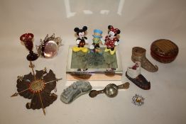 A BOX OF COLLECTABLES TO INCLUDE A JEWELLERY BOX, DISNEY FIGURES, GLASS PAPERWEIGHT ETC