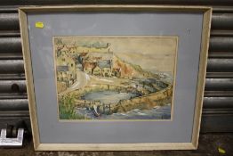 A FRAMED AND GLAZED WATERCOLOUR DEPICTING CRAIL HARBOUR, FIFE, SCOTLAND SIGNED R. CAY - SIZE 36.