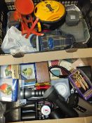 TWO TRAYS OF ASSORTED SUNDRIES TO INCLUDE VINTAGE SCALES, SMALL VICE, TORCHES ETC.