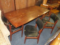 A RETRO DARK TEAK 'DALESCRAFT' TABLE AND 4 CHAIRS, TABLE H-78 L-181 CM A/F RIPS TO THE CHAIR SEAT