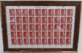 A SHEET OF 50 WW2 DEUTCHES REICH STAMPS SHOWING THE PROFILE OF ADOLF HITLER SET IN A PERIOD GLAZED