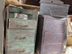 TWO DESKTOP THREE DRAWER CHESTS, TOGETHER WITH THREE WALL HANGING CANDLE BOXES