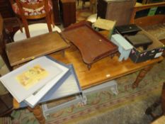 A COLLECTION OF ASSORTED SHABBY CHIC PAINTED TRAYS, ANTIQUE BED TRAY AND STOOLS