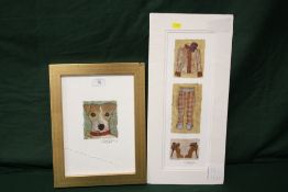 TWO SIGNED NICKY BELTON MIXED MEDIA PICTURES OF A JACK RUSSELL AND LADIES CLOTHING