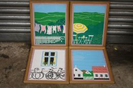 A SET OF FOUR PINE FRAMED AND GLAZED 1980S ERA DESIGN GRONNE STUDIE APS COPENHAGEN PRINTS SIZE