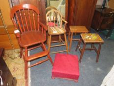 TWO CHILDS HOOPBACK HIGH CHAIRS, A PAIR OF STOOLS AND ANOTHER STOOL (5)