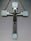 A 20TH CENTURY GREEK CHRISTOGRAM WALL HANGING CRUCIFIX, painted blue wooden cross with stainless