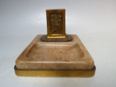 A GILT METAL AND MARBLE TABLE MATCHBOX HOLDER AND TRAY, W 12 cm