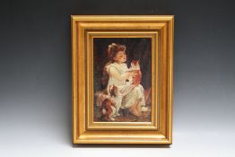 (XIX). Study of a seated young girl with two cats, indistinctly signed lower right, oil on panel,