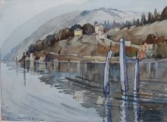 FRANCIS MURRAY RUSSELL FLINT (1915-1977). Continental mountainous lake scene with buildings,