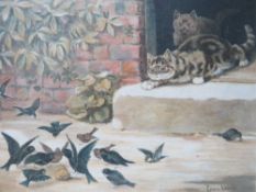 LOUIS WAIN (1860-1939). A coloured antique print depicting two cats stalking a groups of feeding