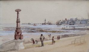 (XIX-XX). Coastal town beach scene with figures and harbour with sailing vessels beyond, unsigned,