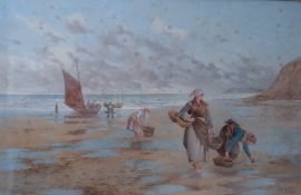 KATE E. BOOTH. Late 19th / early 20th century British school, a beach scene with mussel gatherers '