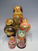 A COLLECTION OF FIVE RUSSIAN DOLLS, of varying heights and forms, tallest H 21 cm