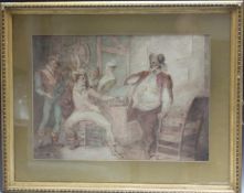 (XIX). An interior scene with men and women around a table before a Falstaff like figure,