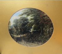 WILLIAM STONE (XIX). English school, oval wooded rural landscape with figure on a path before a