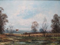 NIGEL HALLARD (b.1936). Wooded landscape with huntsmen and pheasants, hills beyond, signed and dated