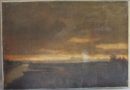 (XIX). Stormy twilight fenland scene with moored boat, unsigned, oil on canvas (re-lined), unframed,