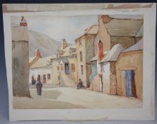 JOHN HAROLD BLAKELEY (b.1887). Village street scene with figures, mountain in background, signed