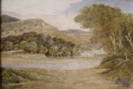 (XIX). British school, wooded river landscape with buildings, mountains in the background, unsigned,
