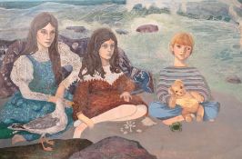 ANNE JOHNSON (XX) British school, rocky beach scene with three children, unsigned, oil on canvas