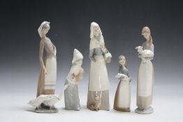 A SELECTION OF FIVE LLADRO FIGURES WITH ANIMALS, comprising three lady figures, one with a goose,